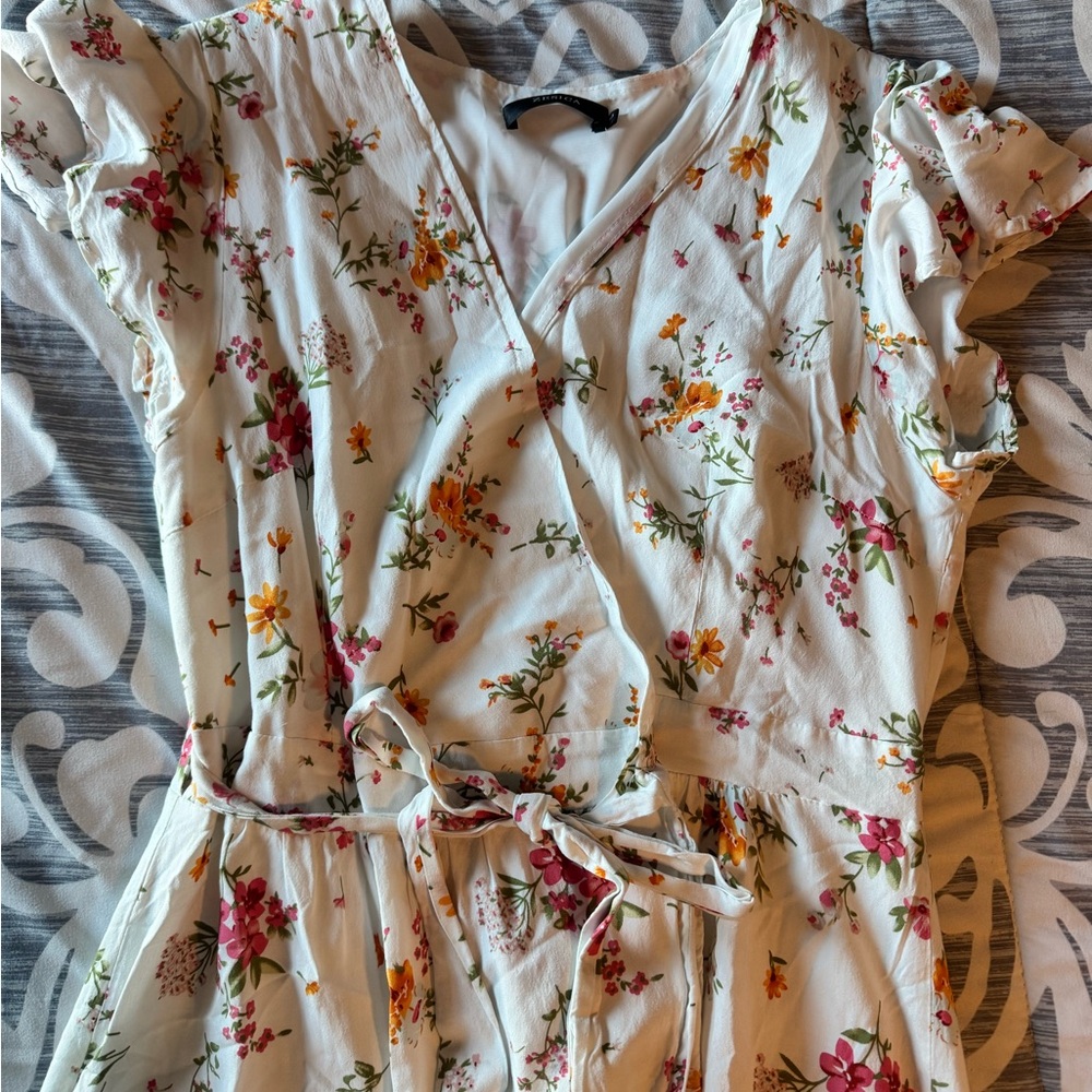 White Floral Wrap Dress with Tie Waist